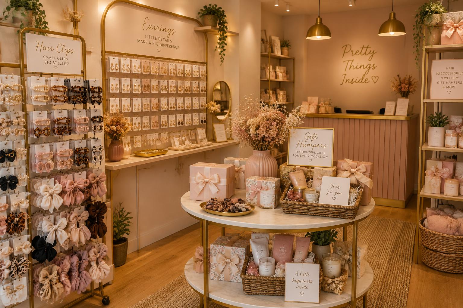Display of hair clips, earrings and gift hampers at Shas Creations